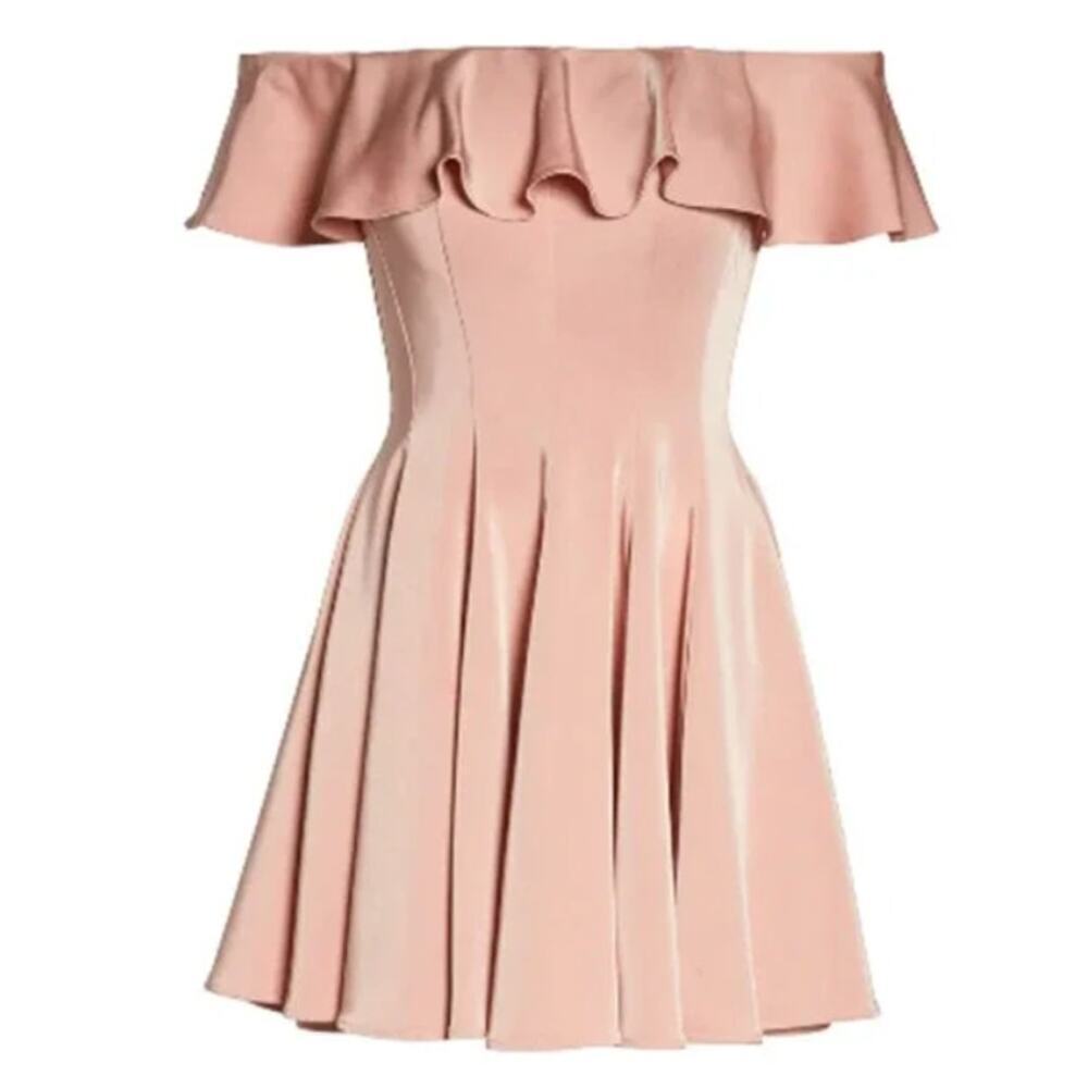 La Femme NWT Blush Pink Ruffled Off Shoulder Fit & Flare Dress- Size 4 - Picture 7 of 11